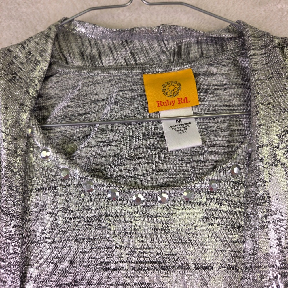 Ruby Rd Silver Metallic Twin Set Cardigan & Rhinestone Shell Top Size M - Picture 3 of 8